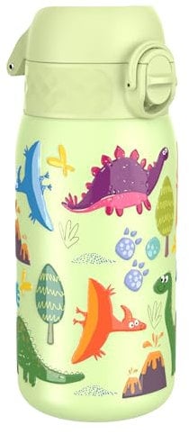 ION8 Vacuum Insulated Steel Water Bottle, 320 ml/11 oz, Leak Proof, Easy to Open, Secure Lock, Dishwasher Safe, Carry Handle, Metal Water Bottle, ThermoShield Stainless Steel, Green, Dinosaurs