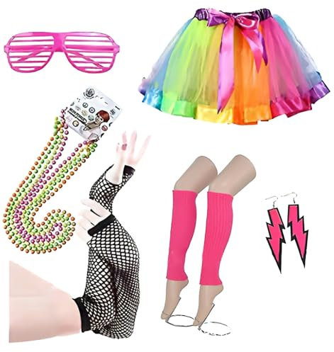 Generisch Neon Netz Shirt 10Tgl. 80er Jahre Outfit Accessoires Haarreif Halskette Handschuhe Beinstulpen 80er Kostüm Accessoires Karneval Cosplay Party 90er Jahre Tshirt Kostüm Karneval Damen Kleid