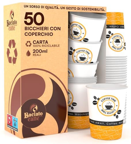 50 Bicchieri in Carta da 200ml con Coperchio, Compostabili e Biodegradabili, KIT da 50 Bicchieri Monouso per Bevande Calde e Fredde + 50 Coperchi in Carta con Beccuccio