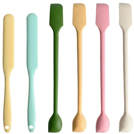 6 Pcs Silicone Spatula Set, 4 Mini Dual-Ended Baking Spatulas & 2 Long Handle Jar Scrapers, Reusable Small Rubber Stirrer for Kitchen Cooking Makeup Mixing & Getting
