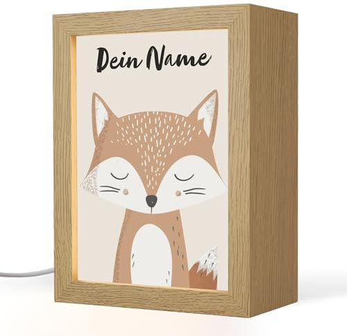 OnlyWow© Nachtlichter & Schlummerleuchten Für Kinder Mit Name Baby | 15x20 cm - Nachtlicht Personalisiert Nachttischlampe Jugendzimmer Fuchs - Tier - Waldtiere