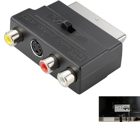 Adaptador Euroconector RCA, Adaptador SCART a RCA X3 y S-Video con Interruptor Entrada/Salida, Conector AV para Audio Estéreo L/R Vídeo Compuesto, TV, VHS, DVD, Decodificador, Consola Retro, Grabador
