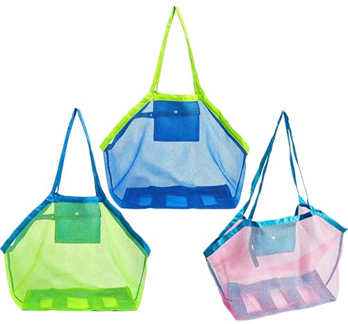 3 Stück Sandspielzeug Tasche Groß, Netztasche Für Strandspielzeug | Faltbare Strandtasche Netz zur Aufbewahrung. 3 Netzbeutel (Grün, Blau, Pink) für Sandtasche und Wasserspielzeug.