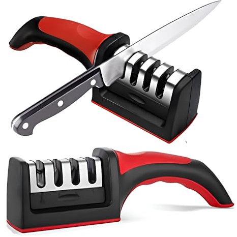 Professional Kitchen Knife Sharpener 4-in-1 with Scissor Slot, Multi-Stage Sharpening Tool with Non-Slip Base for Kitchen Knives