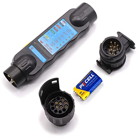 SUNDELY® 7 13 Pin 12V Caravan Trailer Tester Car Truck Towing Light Wiring Cable Circuit Connector Electrics Diagnostic Plug Socket Detector Tool Electrical Couplings + 2 Adaptor (With Battery)