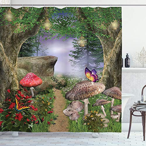 ABAKUHAUS Pilz Duschvorhang, Schmetterlinge Fairytale, Stoffliches Gewebe Badezimmerdekorationsset mit Haken, 175 x 200 cm, Grün Rot Tan