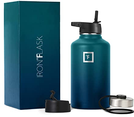 Iron Flask Bouteille d'eau de sport - 64 oz, 3 couvercles (couvercle en paille), acier inoxydable isolé sous vide, chaud froid, moderne à double paroi, tasse thermo simple (nuit noire)