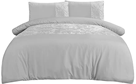 Sleepdown Velvet Cuff Silver Panel Band Luxury Soft Cosy Duvet Cover Quilt Bedding Set with Pillowcases - Super King (260 cm x 230 cm)