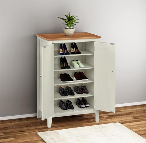 Hallowood Furniture Clifton Painted Green Off White Shoe Cupboard, 2 Doors | Solid Wooden Light Oak Top Shoe Rack Cabinet, Fits 10 Pairs Adult Footwear, Oak Cabinet for Hallway, Kitchen or Living Room