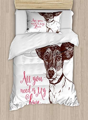 ABAKUHAUS Jack Russell Bettbezugs Set für Einzelbetten, Alles was du brauchst ist Liebe, Milbensicher Allergiker geeignet mit Kissenbezug, 130 x 200 cm, Braun Weiß