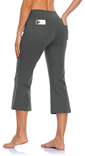 MOVE BEYOND Damen Yogahose 3/4 Sommerhose Caprihose Leicht Sporthose Butterweiche Jogginghose mit Taschen, Grau, L