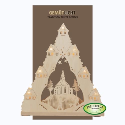 WEIGLA - Lichterspitze original Erzgebirge I Motiv Seiffener Kirche I LED Lichterbogen Weihnachten I 7 Lampenkerzen + 1 Ersatzlampe I 7 x 34 V, 0,2 W, E10 I beleuchtete Weihnachtsdeko innen I aus Holz
