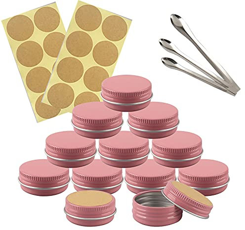 TIANZD 100 Pièces 10 ml Vide Rond Rose Pots en Aluminium Cosmétiques Pot Canettes Bocaux Conteneurs 10ml for Fait Main Bougies Crème Baume Voyage, 3x aluminium cuillère, 100x Étiquettes