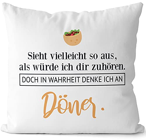 JUNIWORDS Kissen, Sieht vielleicht so aus, als würde ich dir zuhören. Doch in Wahrheit denke ich an Döner (1001619), 40 x 40 cm, 2-farbig, Weiß-Rosa