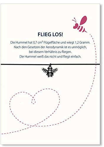 Glücksschmiedin - Motivation Geschenk, Glücksarmband mit silberfarbenem Hummel Anhänger und Grußkarte, handgefertigt