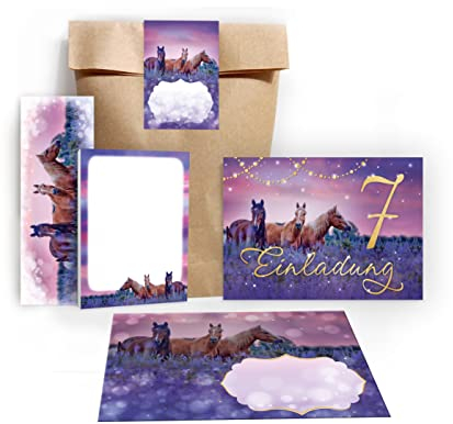 Junapack 12 Einladungskarten zum 7. Kindergeburtstag siebte Geburtstag Mädchen Pferde Pferd incl. 12 Umschläge, 12 Tüten/natur, 12 Aufkleber, 12 Lesezeichen, 12 Blöcke