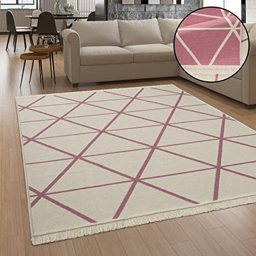 Paco Home Teppich Wohnzimmer Schlafzimmer Boho Design Waschbar Bis 30 Grad Skandinavisch Mit Fransen Wendbar Moderne Deko, Grösse:80x250 cm, Farbe:Pink 2