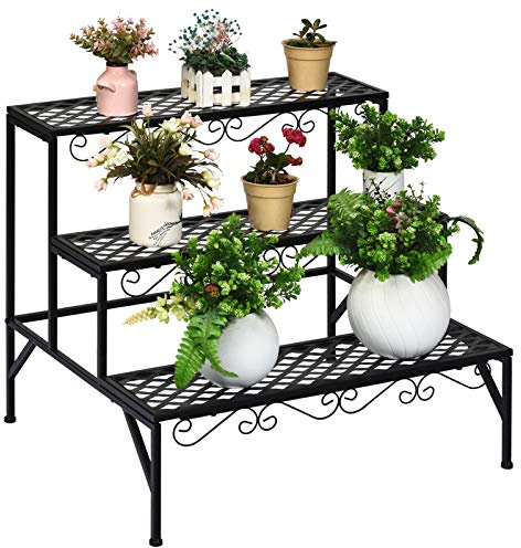GOPLUS 3 Ebenen Metall Pflanzenständer, Blumentreppe Outdoor, Blumenregal Pflanzentreppe für Garten Balkon, schwarz, 70 x 60 x 60,5cm (Rechteckig-mit Muster)