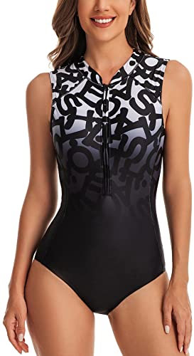 FEOYA Maillot de Bain Femme 1 Pièce sans Manches Élégant Imprimé Maillot Rashguard avec Fermeture Eclair Avant Combinaison de Natation Monokini Body Couleur 4 M