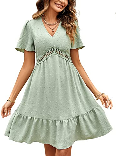 JENJON Mujer Vestidos de Verano Cuelle en V Elegante Manga Corta Cintura Alta Puntos Volantes Mini Vestido A-Verde XL