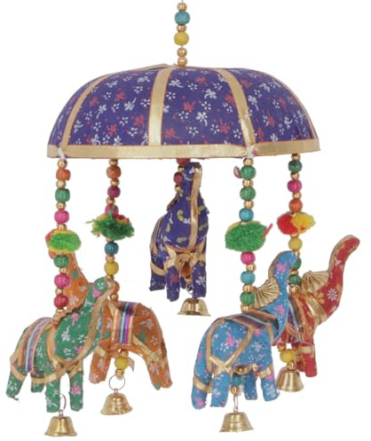 Original indisches Elefanten Mobile mit Glöckchen, bunt, lila | Buntes Mobile mit Glöckchen, Perlen und Bommeln, indische Exotik für Ihr Zuhause.
