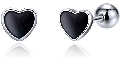 JSGEMSLEE 925 Sterling Silver Heart Earrings With Screw Back Hypoallergenic Tiny Black Heart Stud Earrings for Women Tragus Cartilage Jewelry