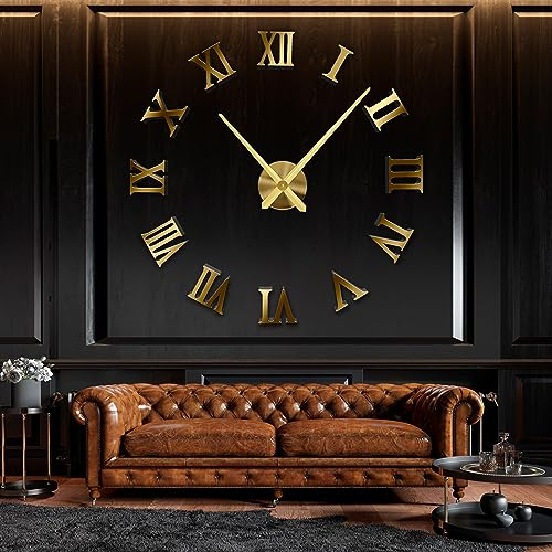 R&M ORIENT® 3D Wanduhr große Moderne Mute DIY – Römische Ziffern – Luxus Dekoration Geschenk – Wandtattoo – Uhren für Büro Wohnzimmer Schlafzimmer Dekoartikel Home Office Quarzuhr (C-Gold)