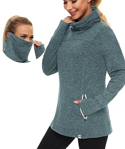 Soneven Rollkragen Pullover Damen Funktionsshirt Damen Langarm Laufshirt Fleece Thermo Sweatshirts mit Tasche Wandershirt Atmungsaktive Running Sportoberteile Hochkragen Hell Grün