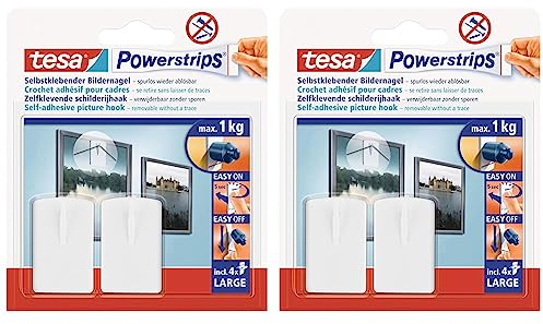 tesa Bilder-Nagel, 2er Set - Klebenagel für Bilderrahmen, 1 kg Haltekraft - mit tesa Powerstrips LARGE, ablösbar und wiederverwendbar - 2 Stück (Packung mit 2)