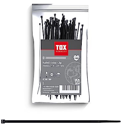 TOX Brida sujetacables, negra, resistente a los rayos UV, de uso universal en interiores y exteriores, para una fijación segura en el hogar y el jardín, tamaño 7,6 x 250 mm, 100 unidades, 099600030