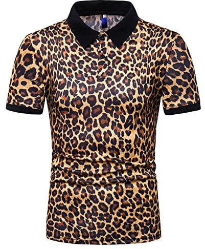 OULIWANGLUO Men's Fashion Leopard Print T-Shirt Polo Leopard Short Sleeve Casual Polo Shirt Contrast Collar Golf Tennis Tops (Yellow,XL)