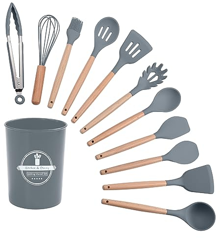 HOMESOFT Lot Ustensiles de Cuisine, 12 pièces, Silicone et Bois (Gris)