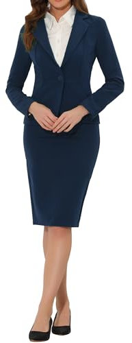 Allegra K Conjunto de falda de 2 piezas para mujer, casual, de negocios, chaqueta de manga larga y falda lápiz, azul oscuro, L