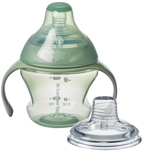 Tommee Tippee Übergangstasse, brustähnlicher Sauger und weicher Silikonauslauf, abnehmbare griffige Griffe, auslaufsicherer Deckel, 150 ml, ab 4–7 Monaten, Grün