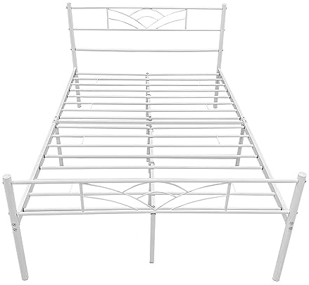 Panana Small Double Bed Frames with Headboard 4ft White Metal Small Double Bed Frame with Storage Heavy Duty with Steel Slats No Box Spring Needed(White,4FT)