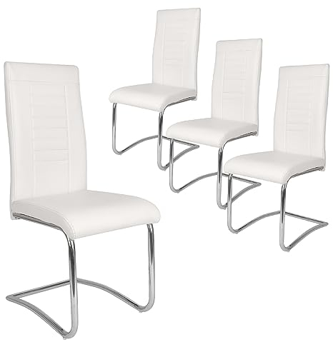 Mingone Stühle 4er Set Schwingstuhl Freischwinger Esszimmerstühle mit Hoher Rücklehne Küchenstühle Kunstleder mit Verchromt Beine Retro für Wohnzimmer Konferenzraum ，Weiß