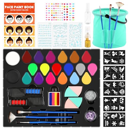 Kinderschminke Set, Schminke Kinder Mit Eimer Schablone Glitzer Face Body Paint Professionelle Gesichtsfarbe Kinder für Den Theaterschminke Fasching Karneval