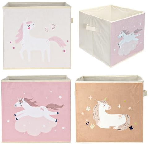 Murago - 3er Set Aufbewahrungsboxen ca.32x32x30cm Einhorn - Stoffboxen mit Griff Spielzeug Organizer für Kinderzimmer Spielzimmer Faltbox faltbar Rosa Beige Pferde