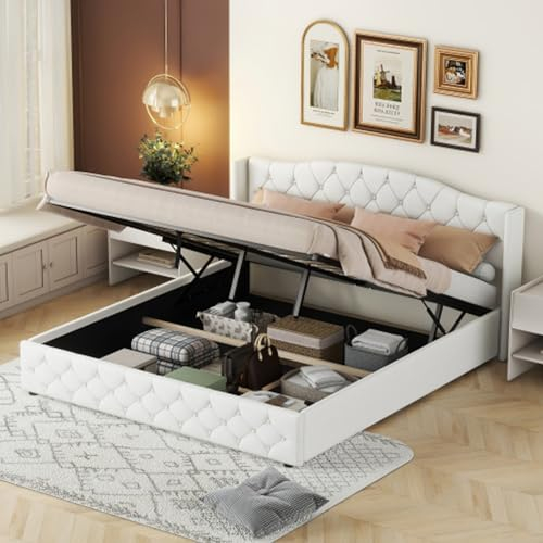 Tcewhhy Hydraulisch Polsterbett 180x200 cm Doppelbett King Size Mit Bettkasten Flachbett Jugendbett Für Erwachsene Jugendliche Stauraumbett Für Schlafzimmer Gästezimmer Gästebett Weiß