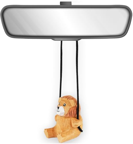 100 % handgefertigtes Holz-Schaukel-Löwen-Autoanhänger – niedliche handgeschnitzte und bemalte Holzfigur fürs Rückspiegel-Dekor und Geschenk