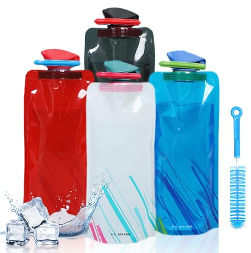 Winwild 4 Stück Faltbare Trinkflasche 700ml Trinkbeutel Festival Wasserflasche Faltbar Festival Flasche mit Karabinerhaken und Reinigungsbürste Reise Gadgets für Wandern,Reisen, Abenteuer