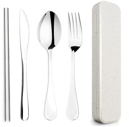 YIGAARUI Cutlery Set with Case,Reusable Stainless Steel Travel Lunch Utensils with Fork Spoon Knife Chopsticks for Picnic School Office Flatware Set Mirror Polished Dishwasher Safe (4PCS)