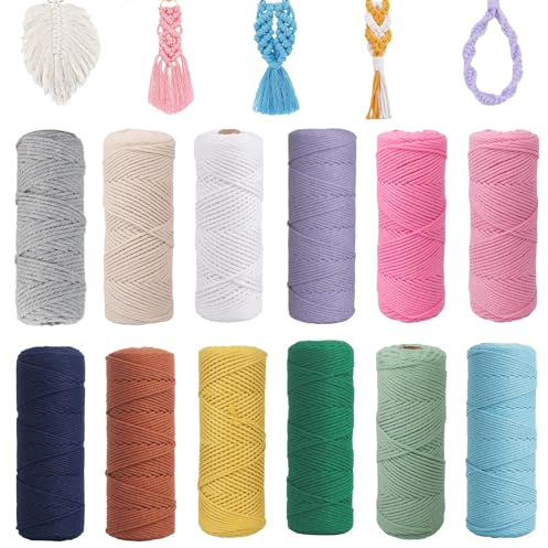 12Pcs Macrame Cuerda 1mm x 65m, Hilo de Macramé de Algodón Natural Gruesa, Cuerda Manualidades Colores, Cuerda de Algodón Trenzada para Manualidades,Tejidos, Bohemia Decoración