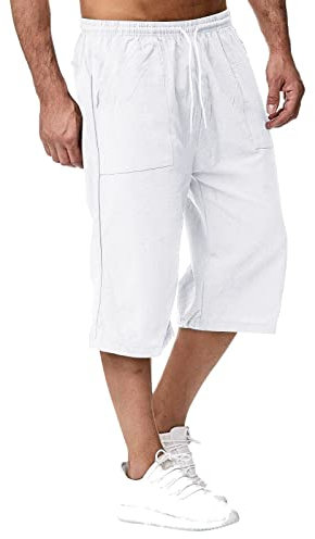 Rrongwn Pantaloni da uomo, lunghezza 3/4, in lino, estivi, da spiaggia, yoga, jogging, casual, a tre quarti, con elastico in vita e tasche, bianco, M
