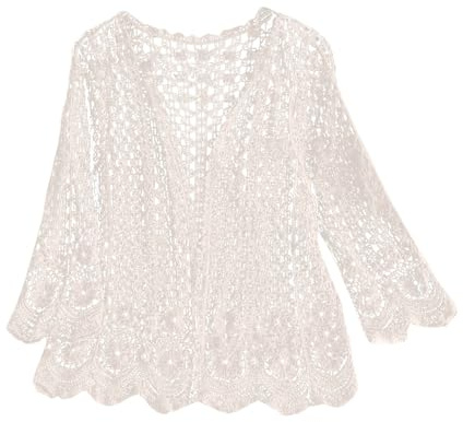 Hollow Out Cardigans Women Long Sleeve Summer Fashion Knit Lace Crochet Versatile Cardigans Sunproof Shawl Casual Cropped Cardigans UK Bolero Cardigans Loose Open Front Blouse Daily (White, One Size)