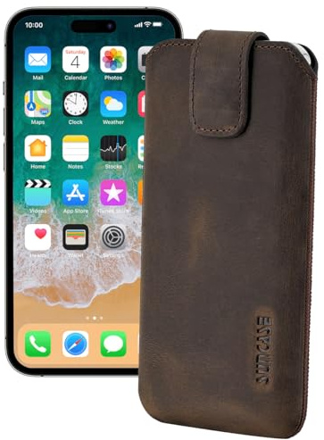 Suncase ECHT Ledertasche Leder Etui *Slim-Edition* kompatibel mit iPhone 16 Pro (6,3 Zoll) Hülle (mit Rückzugsfunktion und Magnetverschluss) in antik-dunkel braun