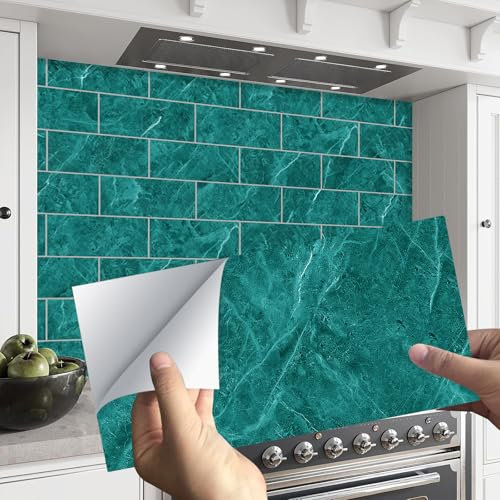 ANHUIB 16 Sheets Green Tile Stickers Peel and Stick Backsplash Wall Tiles Sticker for Kitchen Bathroom Glossy Marble Stone Self Adhesive Tiles for Walls 20x10cm Bathroom Tile Transfers Sticker