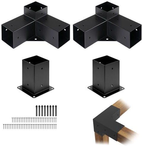LuxaDomus Pergola Brackets, 2 Pack 3-Way Right Angle Corner Brackets with 2 Pack Bases, 4''x4'' Wooden Beams Outdoor Pergola Kit with Shade Hanging Holes for Gazebos, Patios and Pergolas