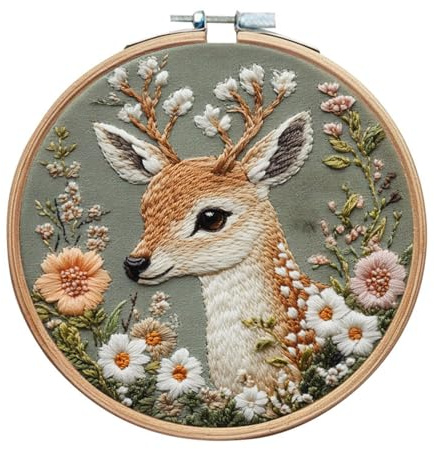IUHUI Stickset für Fortgeschrittene Erwachsene - Schöne Tiere Wunderschöne Muster, DIY Handstickerei Set mit Stickrahmen (Kitze mit Blumen)