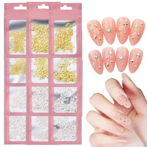 Star Nail Charms, 240 Pcs Small Stars Nail Art Charms Gold Silver Nail Studs Punk Metal Rivet Stickers Nail Jewels 3D Nail Art Decorations Accessories for Women Girls Nail Design DIY Crafts